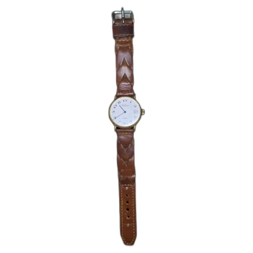 VTG Valgine Swiss Quartz Watch Gold Tone Brown Braid Leather Heritage Americana